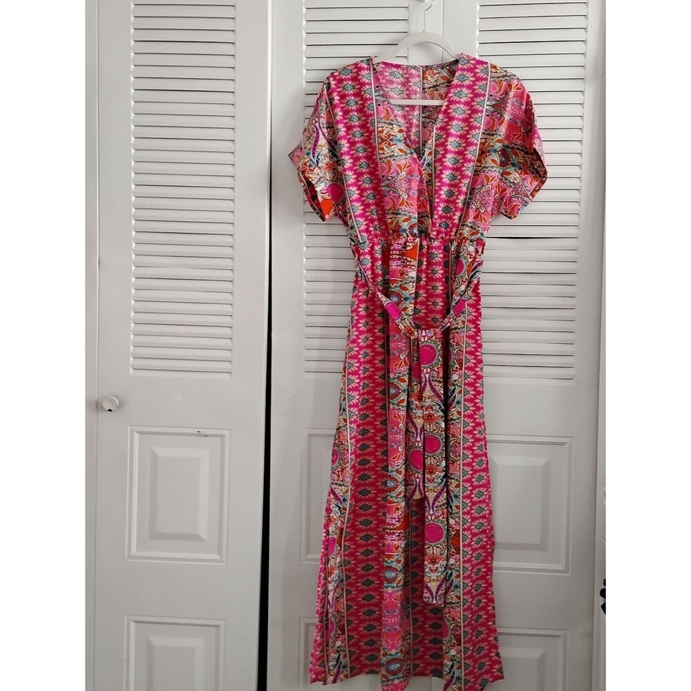 Spring Pink Printed Maxi Dress with Tie Waist